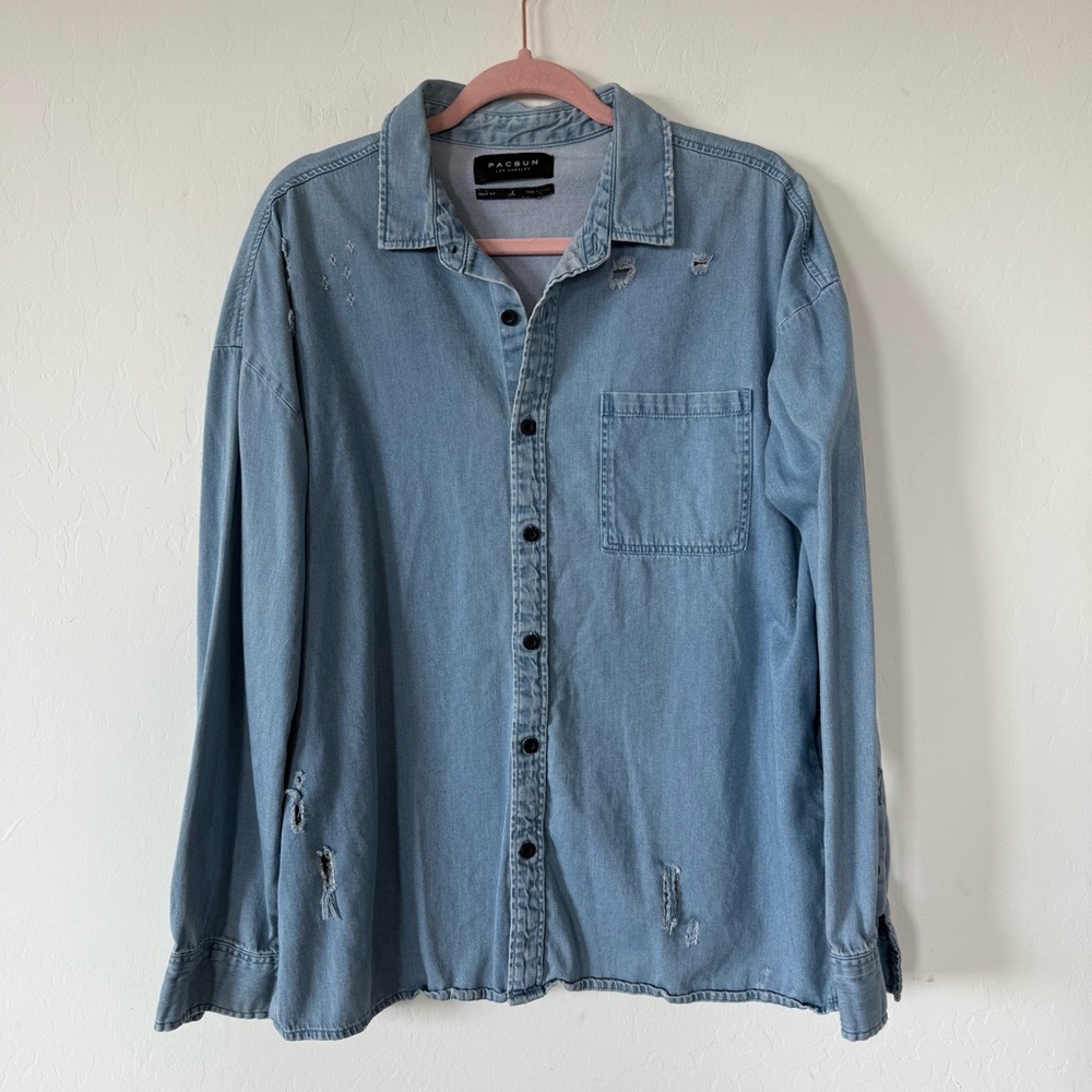 Pac Sun Boho Distressed Denim Chambray  Long Sleeve Button Down Shirt Large